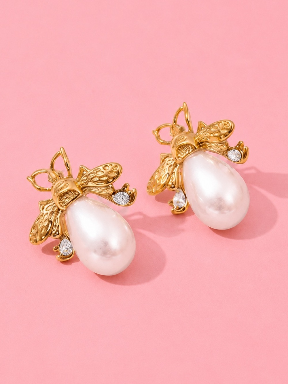 Gold Bee Pearl Drop Earrings